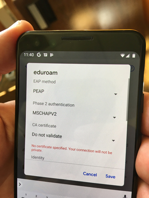 android 9 screen showing EDURoam settings, same as text below.